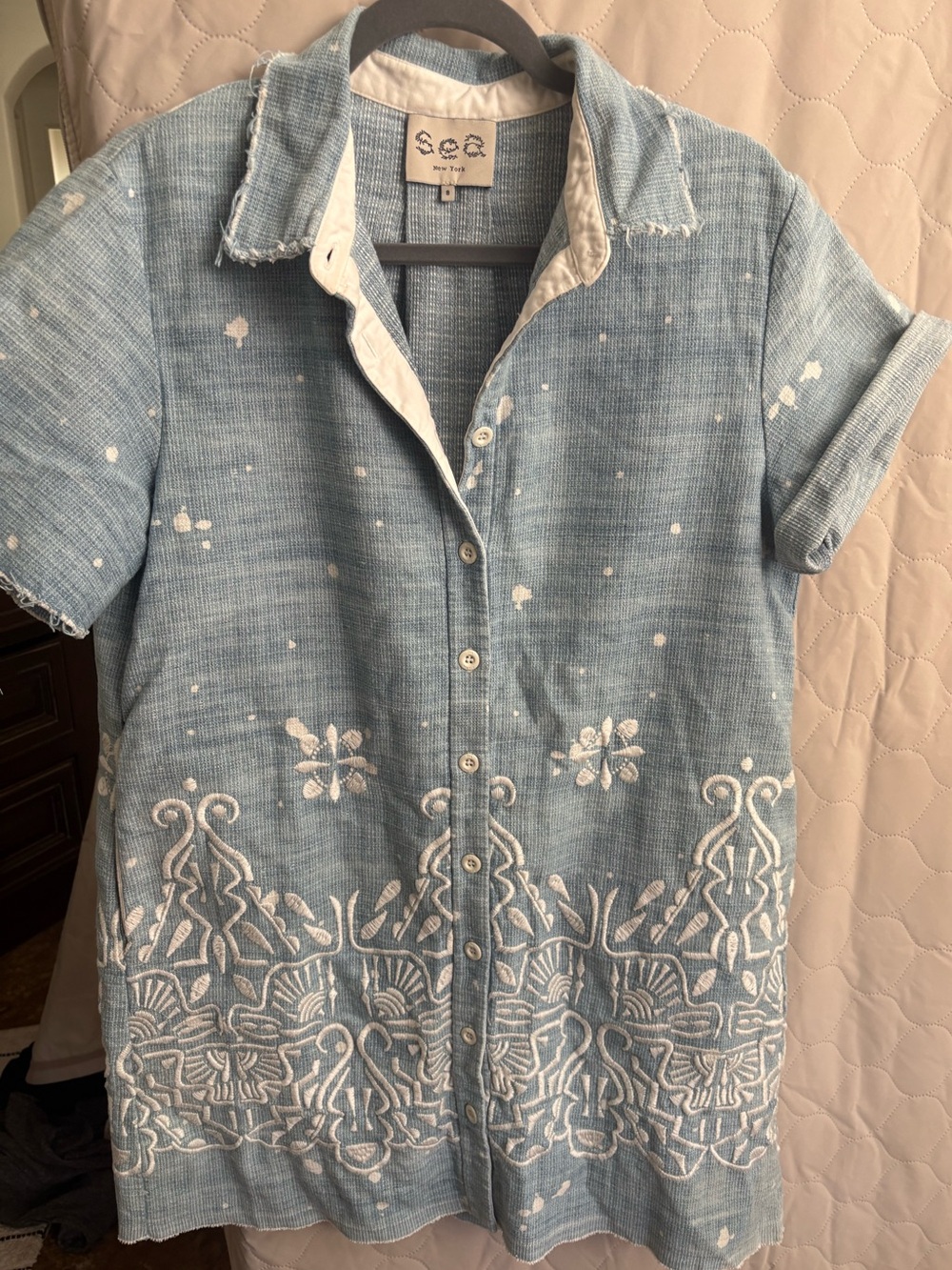 SEA New York Embroidered Mini Dress in Blue & White